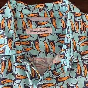 Tommy Bahama Teal and Orange Leaf Print Shirt